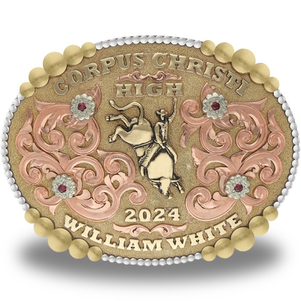 A custom rodeo belt buckle for Corpus Christi High School with personalized name featuring a golden bronze cowboy figure 